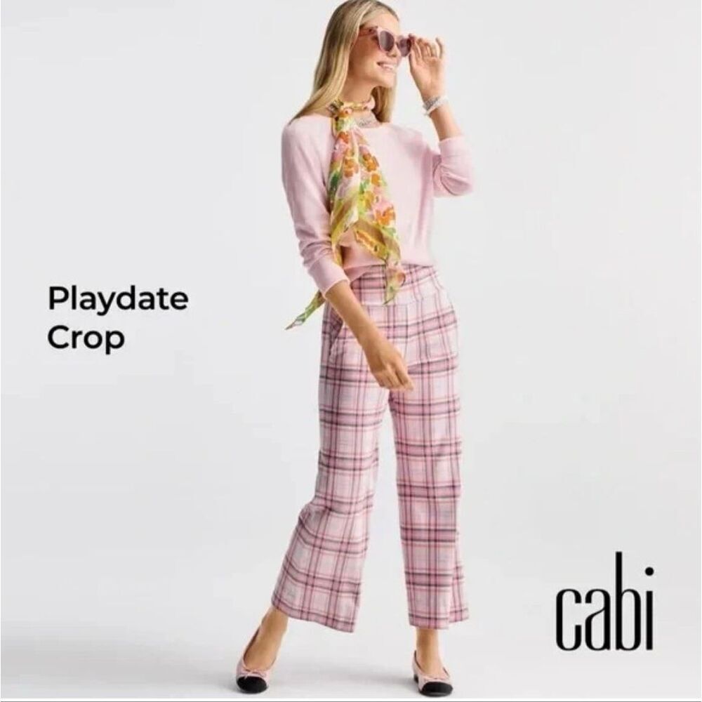 CABI Playdate Crop Pants Womens M Pink Plaid High Rise Wide Leg Preppy Retro Y2K
